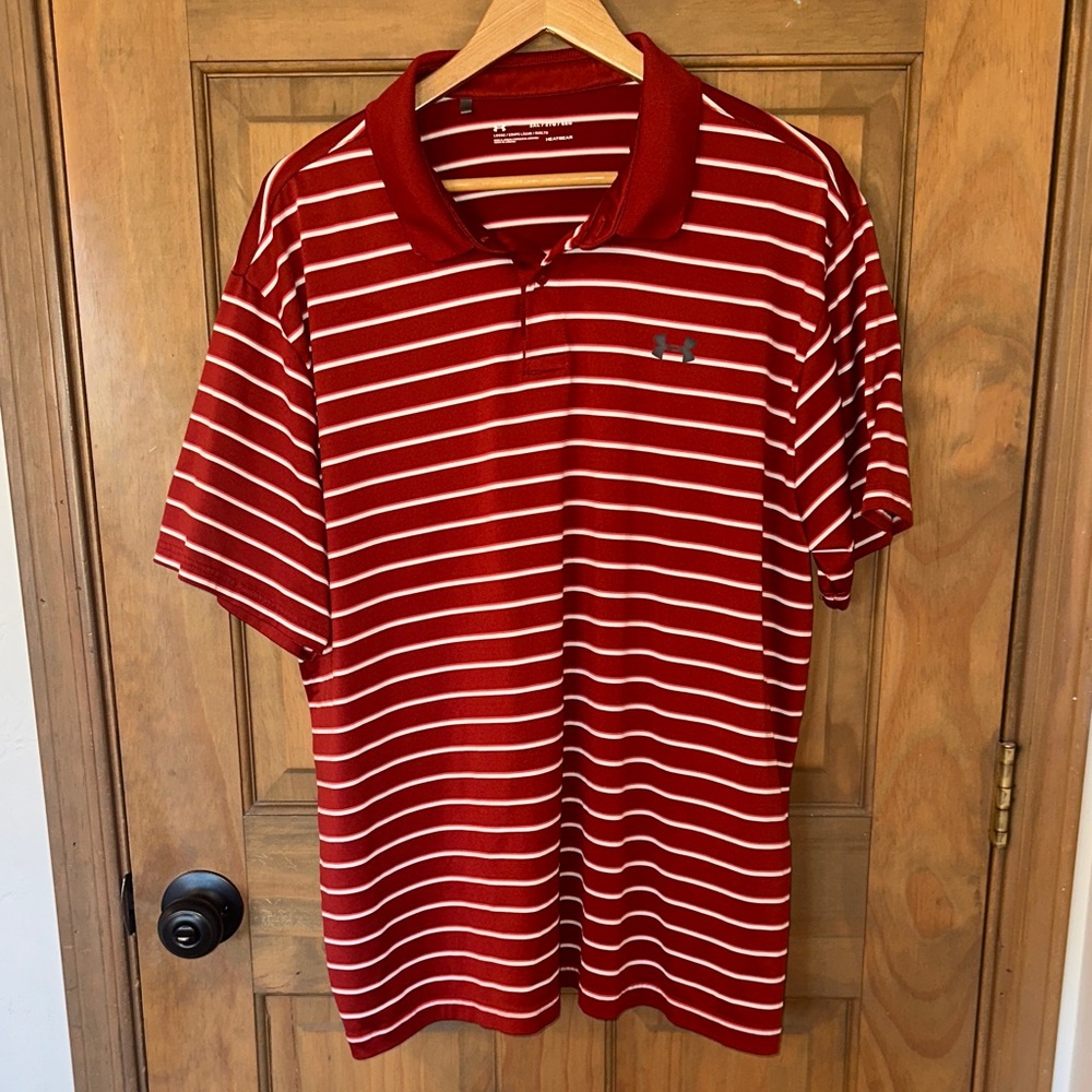 Under Armour Red and White Striped Polo Shirt